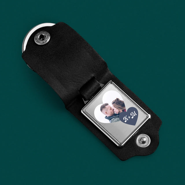 Fotocollage: Initialen Hart - Leren Sleutelhanger Met Foto