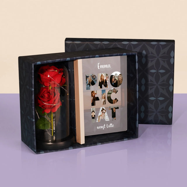 Woord Van Foto'S: Proficiat - Cadeauset Met Afruk Op Glas En Eeuwige Roos