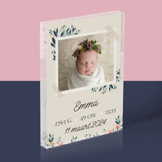 Geboorteakte Van Kind: Metriek Bloemen - Acryl Blok