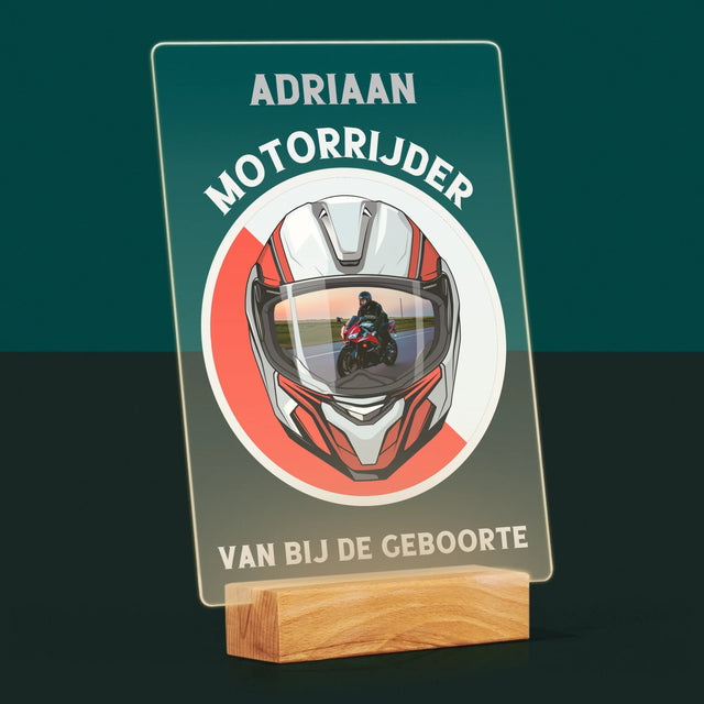 Foto En Handtekening: Motorrijder Van Bij De Geboorte - Afdruk Op Acrylglas (Verticaal)