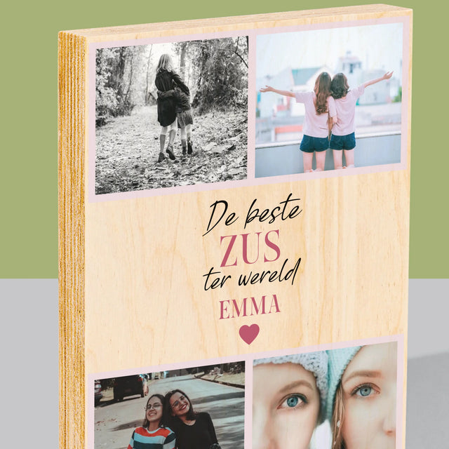 Fotocollage: De Beste Zus - Afdruk Op Hout (Verticaal)