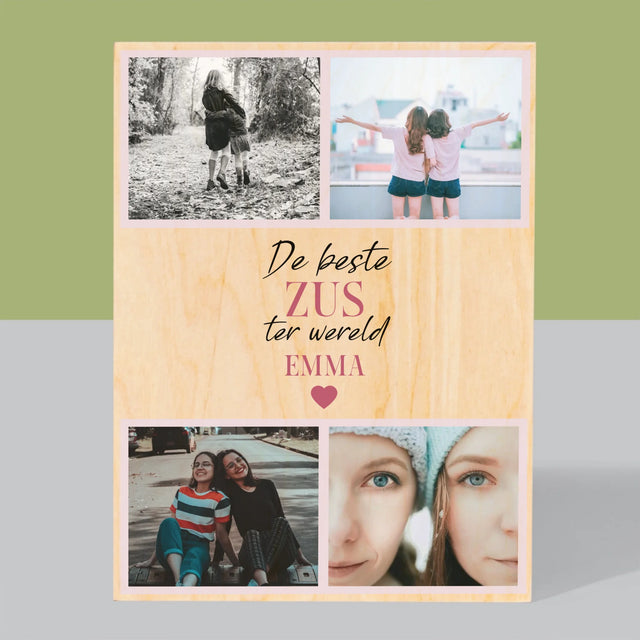 Fotocollage: De Beste Zus - Afdruk Op Hout (Verticaal)