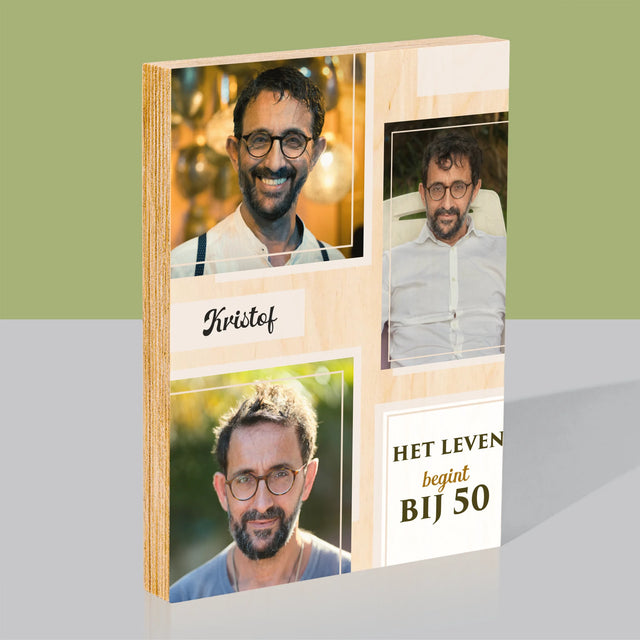 Fotocollage: Het Leven Begint Bij 50 - Afdruk Op Hout (Verticaal)