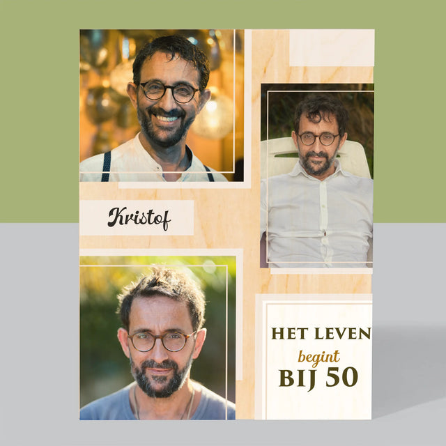 Fotocollage: Het Leven Begint Bij 50 - Afdruk Op Hout (Verticaal)