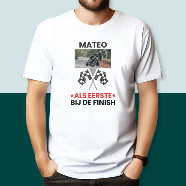 Foto En Handtekening: Als Eerste Bij De Finish - T-Shirt Voor Heren