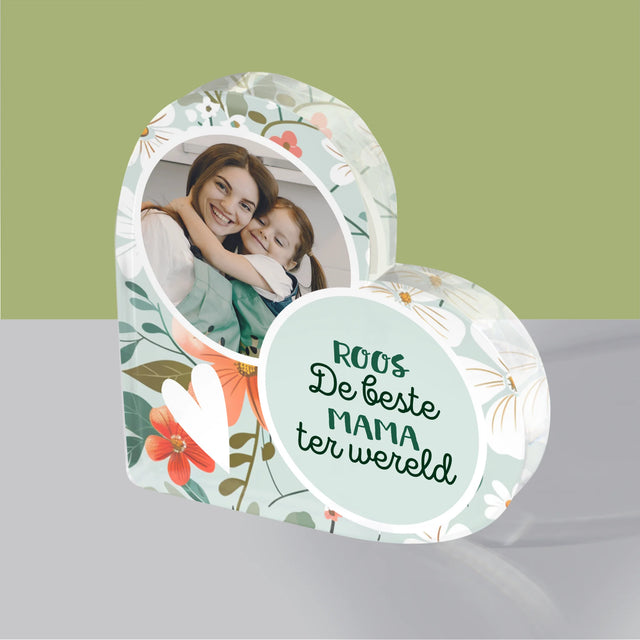Foto En Handtekening: Beste Mama Bloemen - Acryl Blok Hart