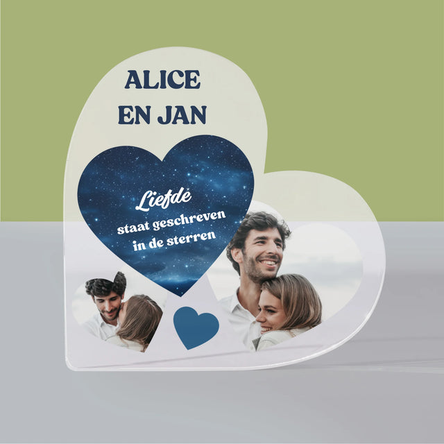 Fotocollage: Liefde Staat Geschreven In De Sterren - Acryl Blok Hart
