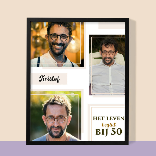 Fotocollage: Het Leven Begint Bij 50 - Afdruk Met Frame 30X40 (Verticaal)
