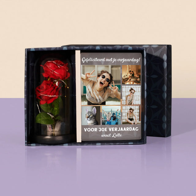 Fotocollage: Fotocollage Verjaardag - Cadeauset Met Afruk Op Glas En Eeuwige Roos