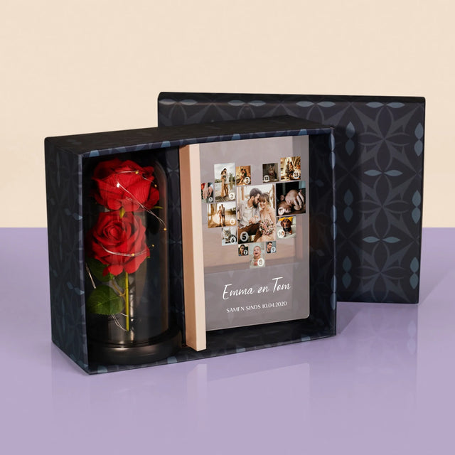 Fotocollage: Fotocollage Hart - Cadeauset Met Afruk Op Glas En Eeuwige Roos
