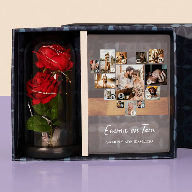Fotocollage: Fotocollage Hart - Cadeauset Met Afruk Op Glas En Eeuwige Roos