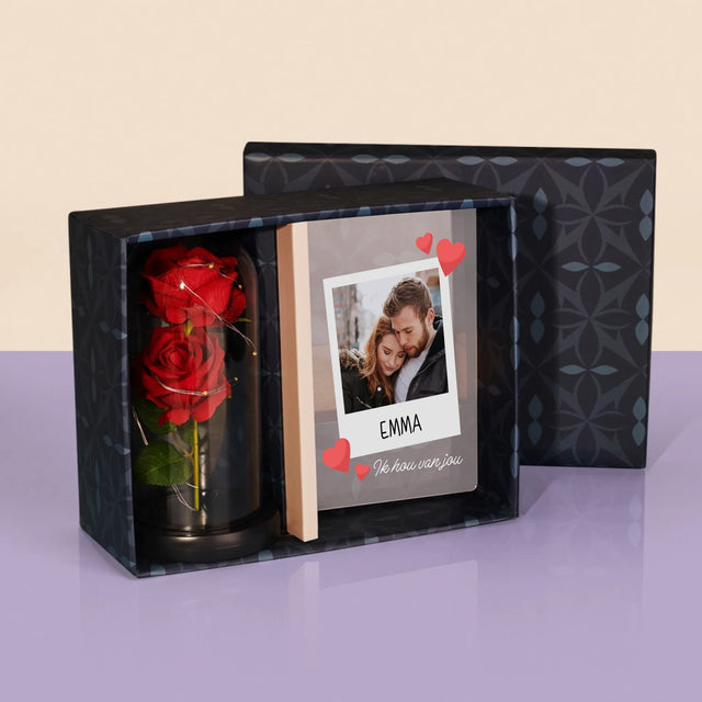 Foto En Handtekening: Ik Hou Van Jou - Cadeauset Met Afruk Op Glas En Eeuwige Roos