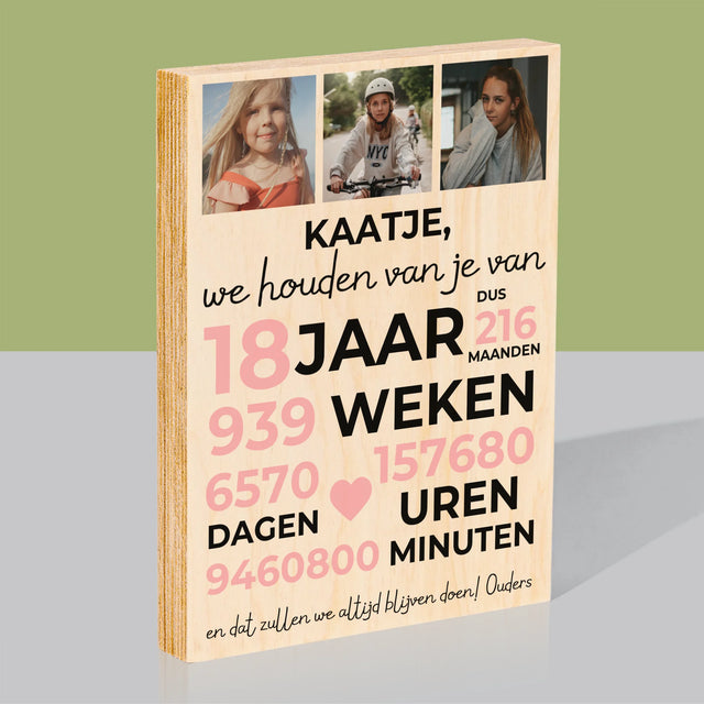 Fotocollage: We Houden Al 18 Jaar Van Je - Afdruk Op Hout (Verticaal)