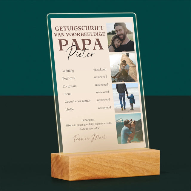 Fotocollage: Getuigschrift Van Voorbeeldige Papa - Afdruk Op Acrylglas (Verticaal)