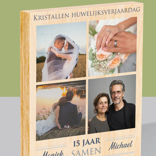 Fotocollage: 15 Jaar Samen - Afdruk Op Hout (Verticaal)