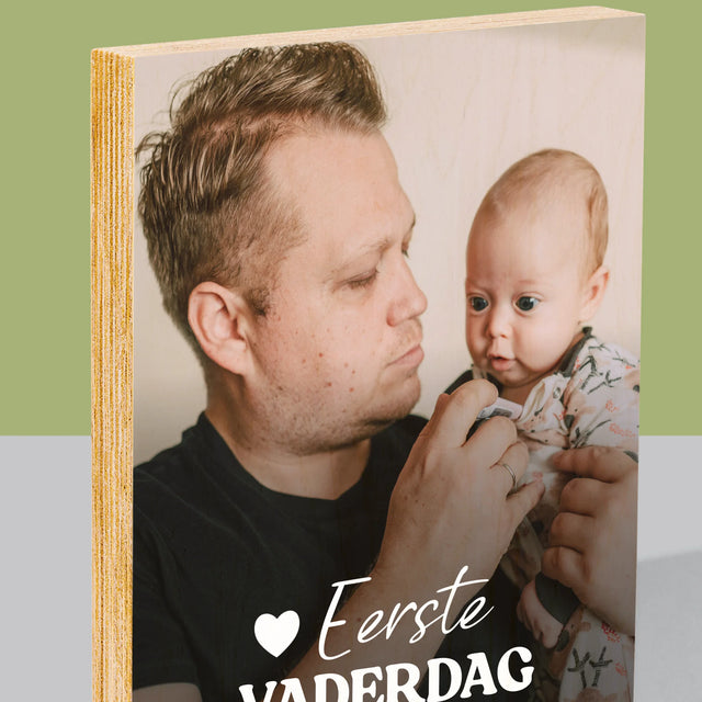 Foto En Handtekening: Eerste Vaderdag - Afdruk Op Hout (Verticaal)