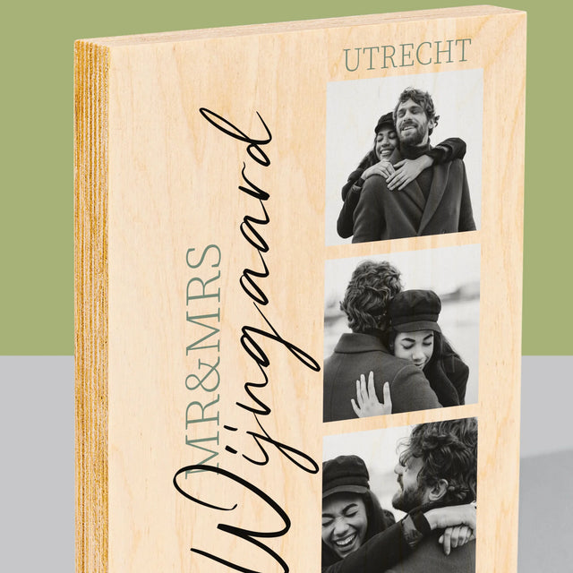 Fotocollage: Mr&Mrs Trouw - Afdruk Op Hout (Verticaal)