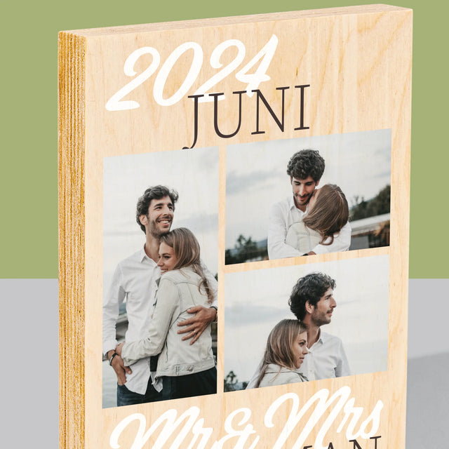 Fotocollage: Mr&Mrs Datum - Afdruk Op Hout (Verticaal)