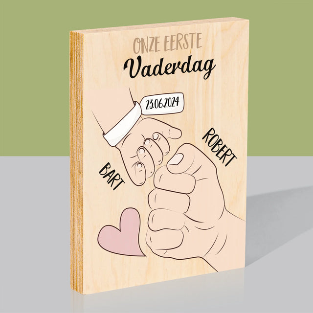 Naam En Handtekening : Eerste Vaderdag Samen - Afdruk Op Hout (Verticaal)