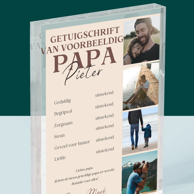 Fotocollage: Getuigschrift Van Voorbeeldige Papa - Acryl Blok