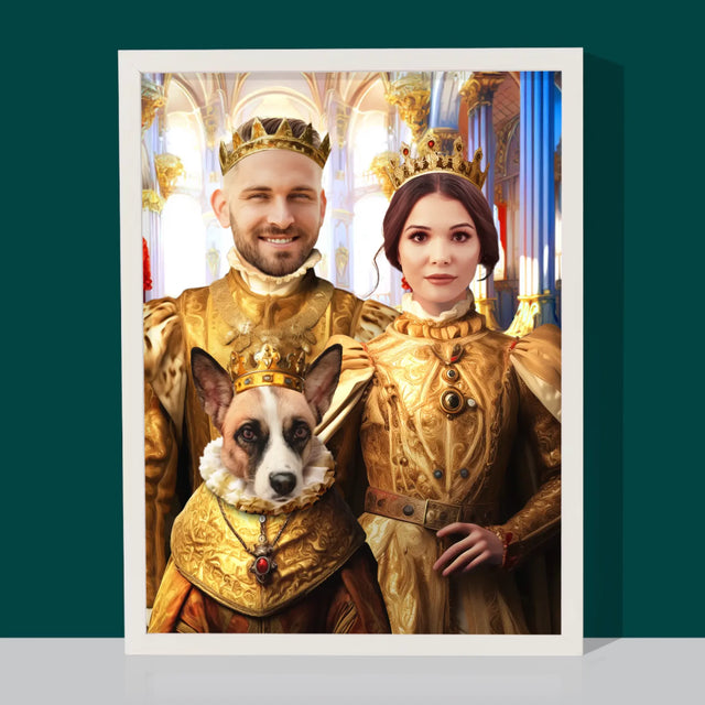 Koninklijk Portret: Koning En Koningin Met Huisdier - Afdruk Met Frame 30X40 (Verticaal)