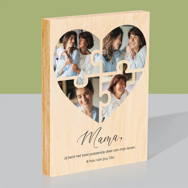 Fotocollage: Puzzel Hart, Voor Mama - Afdruk Op Hout (Verticaal)