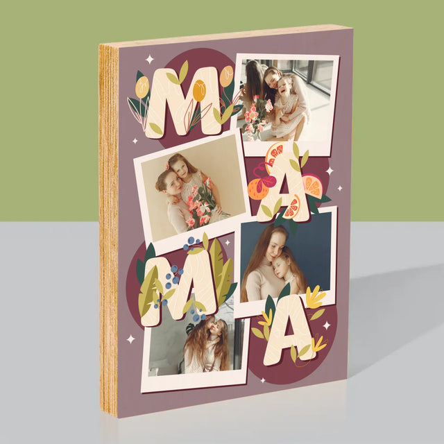 Fotocollage: Letters Mama - Afdruk Op Hout (Verticaal)