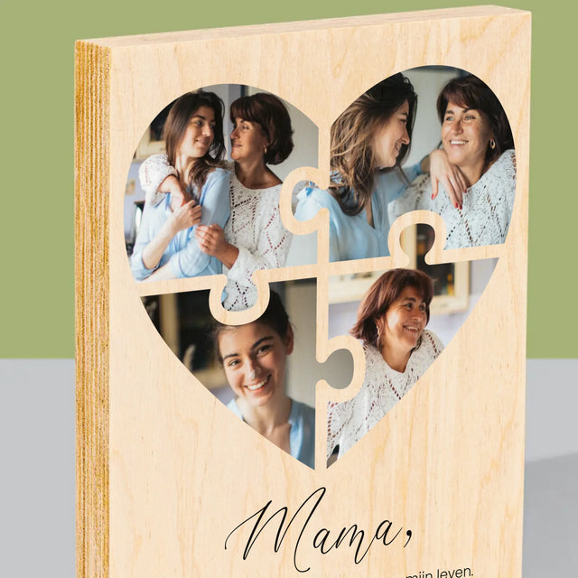 Fotocollage: Puzzel Hart, Voor Mama - Afdruk Op Hout (Verticaal)