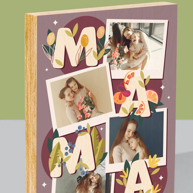 Fotocollage: Letters Mama - Afdruk Op Hout (Verticaal)