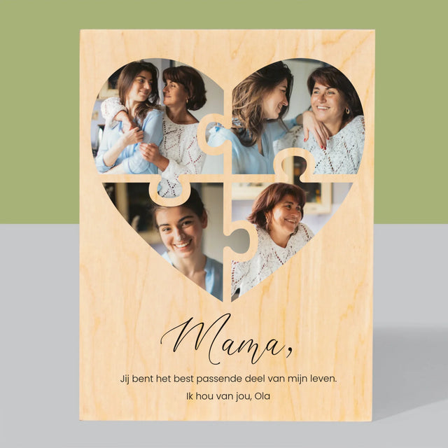 Fotocollage: Puzzel Hart, Voor Mama - Afdruk Op Hout (Verticaal)