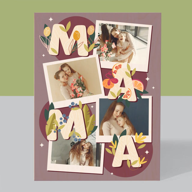 Fotocollage: Letters Mama - Afdruk Op Hout (Verticaal)