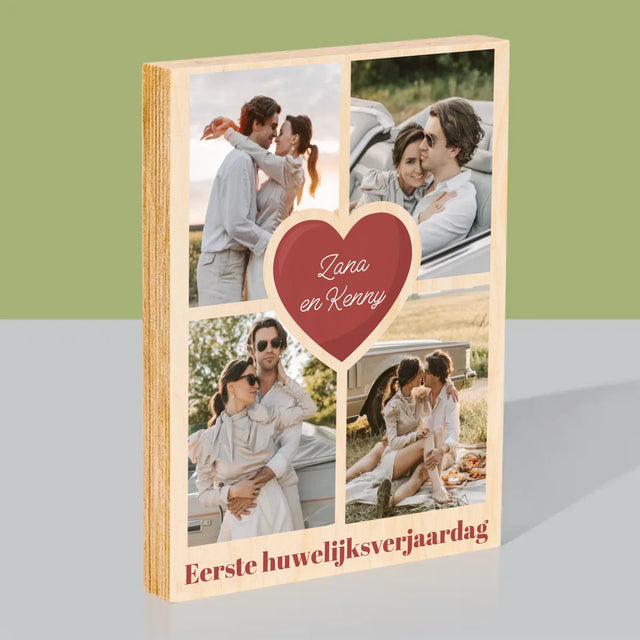 Fotocollage: 1 Jaar Samen - Afdruk Op Hout (Verticaal)