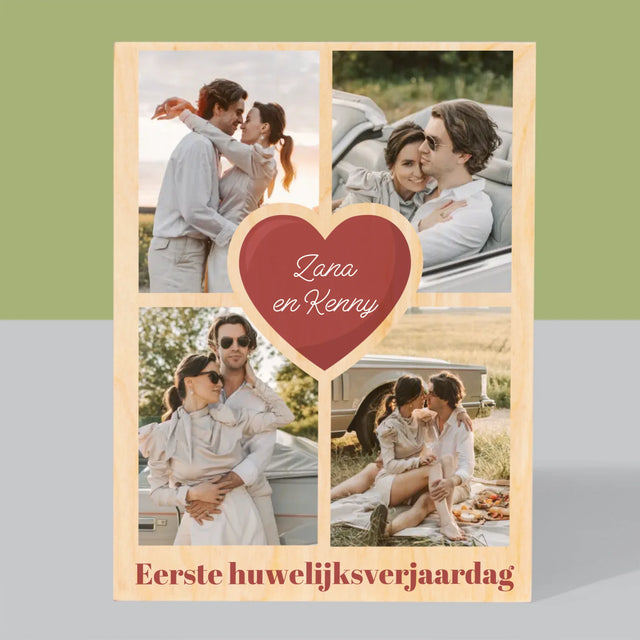 Fotocollage: 1 Jaar Samen - Afdruk Op Hout (Verticaal)
