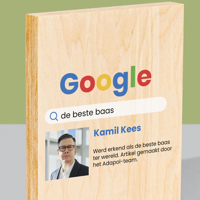 Foto En Handtekening: De Beste Baas Google-Score - Afdruk Op Hout (Verticaal)