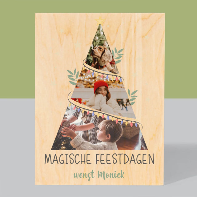 Fotocollage: Kerstboom, Magische Feestdagen - Afdruk Op Hout (Verticaal)