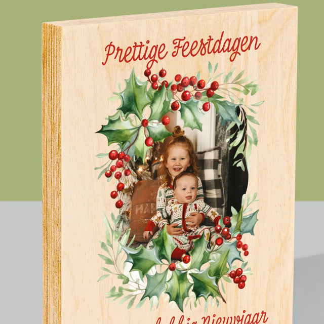 Foto En Handtekening: Kerstkrans - Afdruk Op Hout (Verticaal)