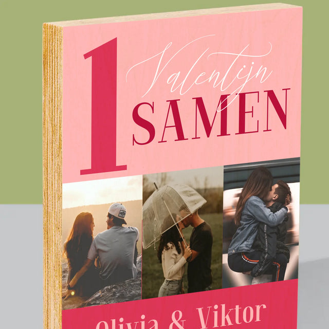 Fotocollage: Eerste Valentijn Samen - Afdruk Op Hout (Verticaal)