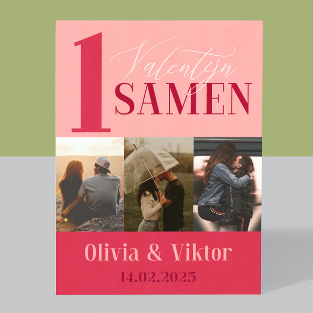 Fotocollage: Eerste Valentijn Samen - Afdruk Op Hout (Verticaal)