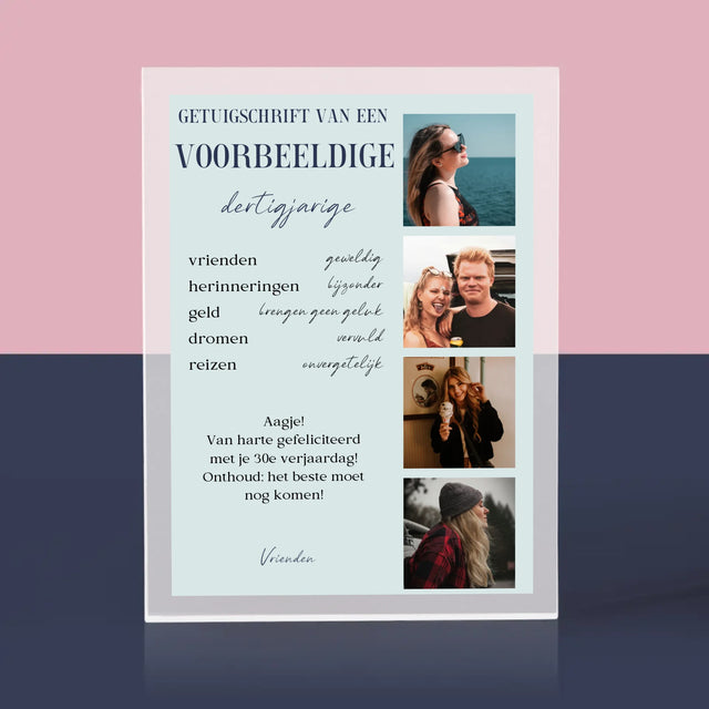 Fotocollage: Getuigschrift Van Een Voorbeeldige Dertiger - Acryl Blok