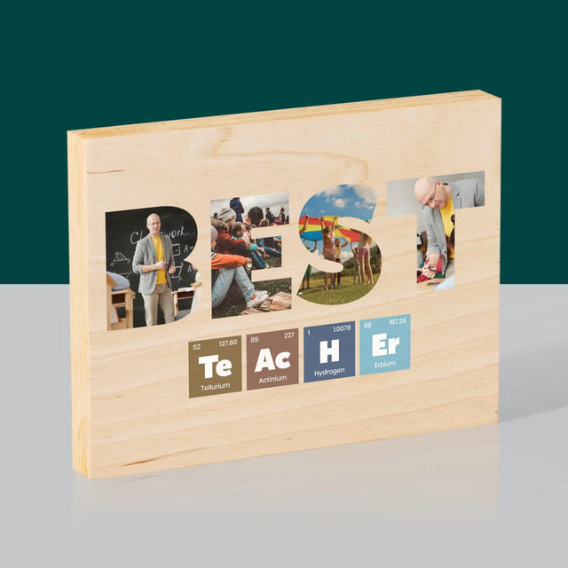 Woord Van Foto'S: Best Teacher Chemische Elementen - Afdruk Op Hout (Horizontaal)