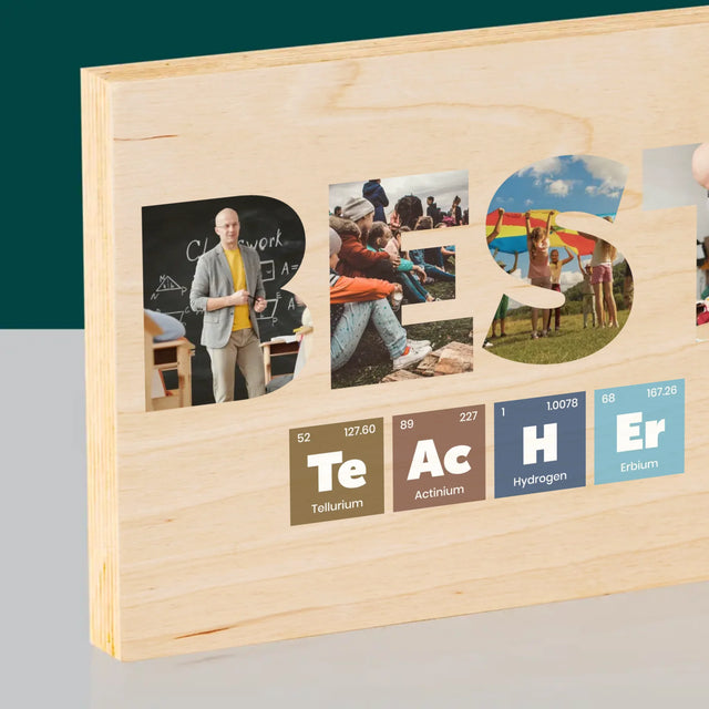 Woord Van Foto'S: Best Teacher Chemische Elementen - Afdruk Op Hout (Horizontaal)