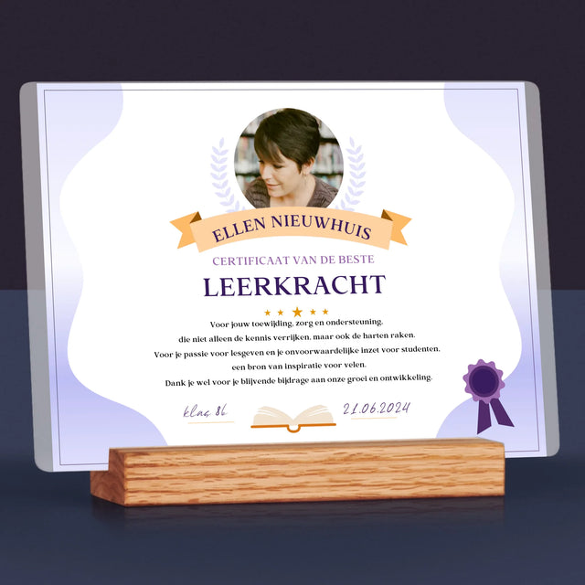 Foto En Handtekening: Certificaat Van De Beste Leerkracht - Afdruk Op Acrylglas (Horziontaal)