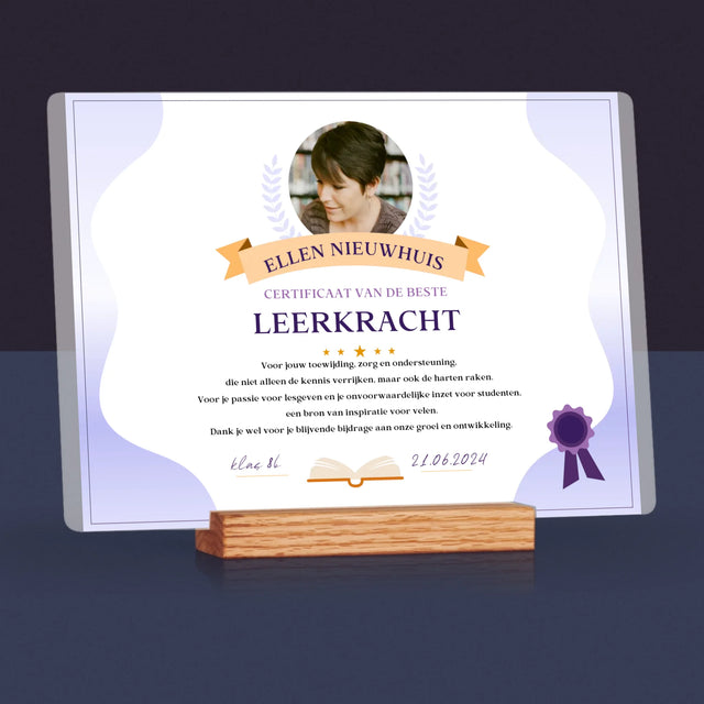Foto En Handtekening: Certificaat Van De Beste Leerkracht - Afdruk Op Acrylglas (Horziontaal)