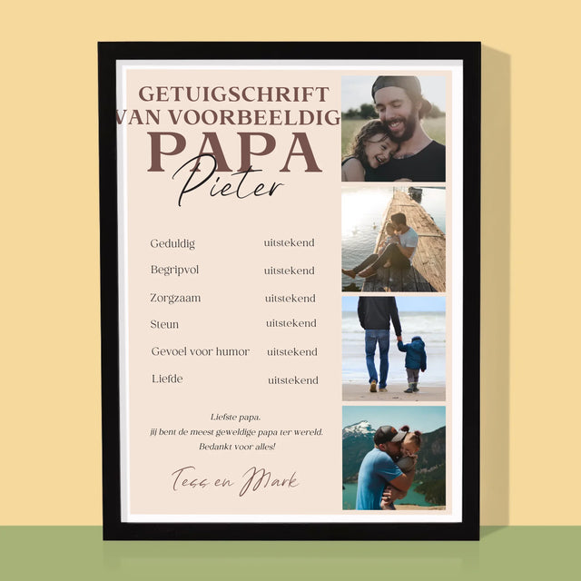 Fotocollage: Getuigschrift Van Voorbeeldige Papa - Afdruk Met Frame 30X40