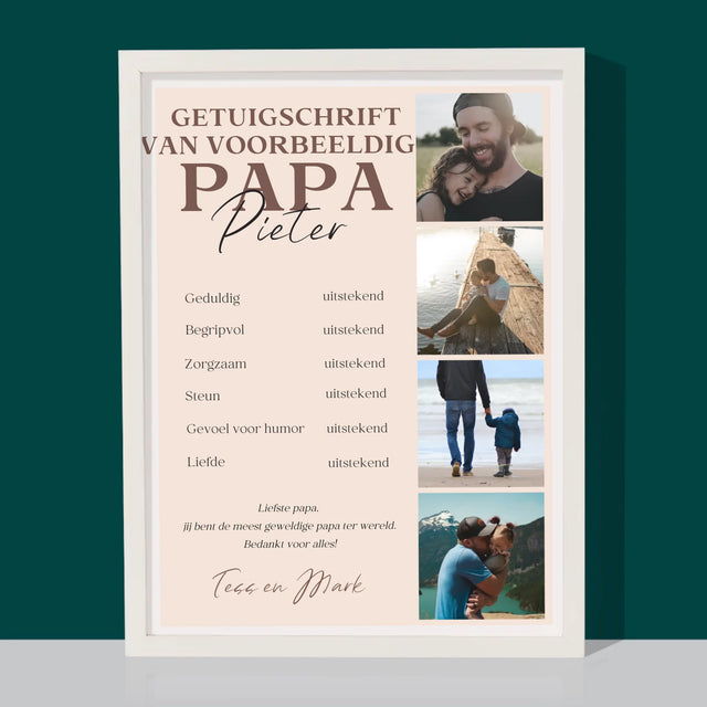 Fotocollage: Getuigschrift Van Voorbeeldige Papa - Afdruk Met Frame 30X40