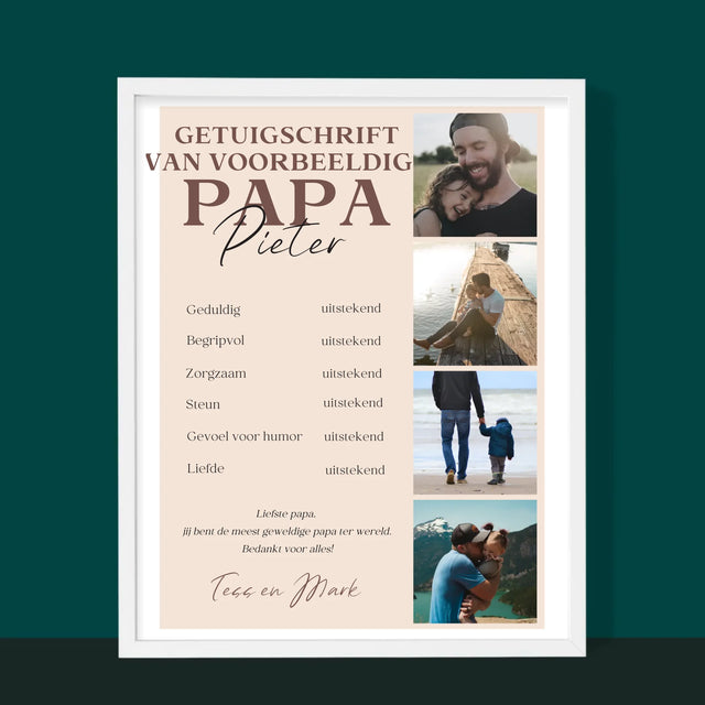 Fotocollage: Getuigschrift Van Voorbeeldige Papa - Afdruk Met Frame 30X40