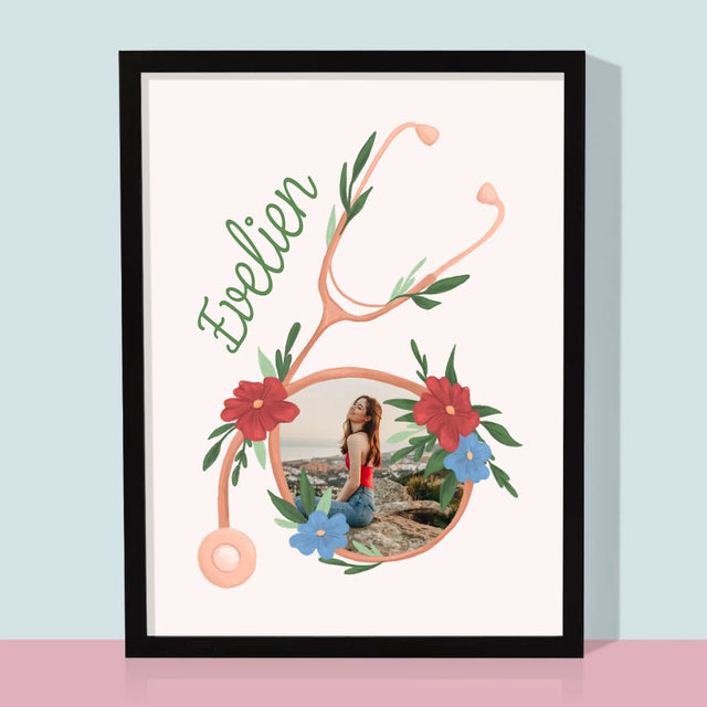 Foto En Handtekening: Stethoscoop Bloemen - Afdruk Met Frame 30X40