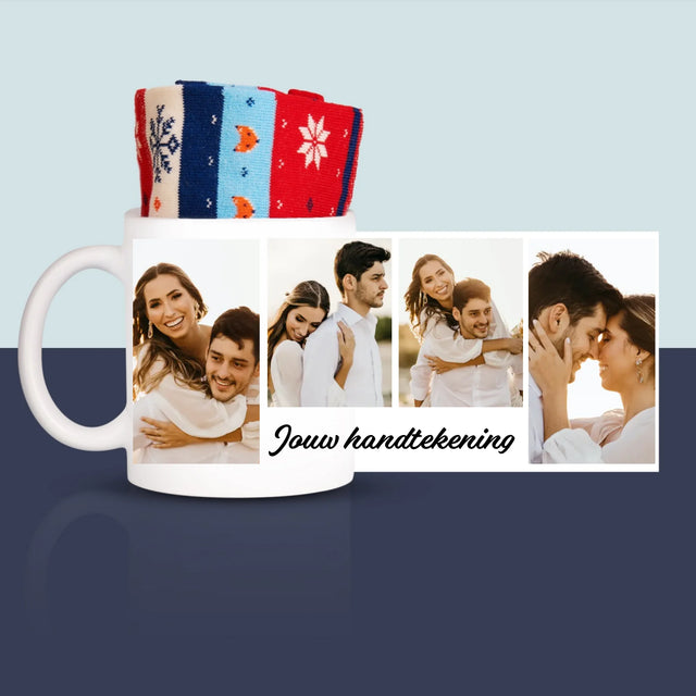 Fotocollage: 4 Foto'S En Handtekening - Wintersokken In Een Mok