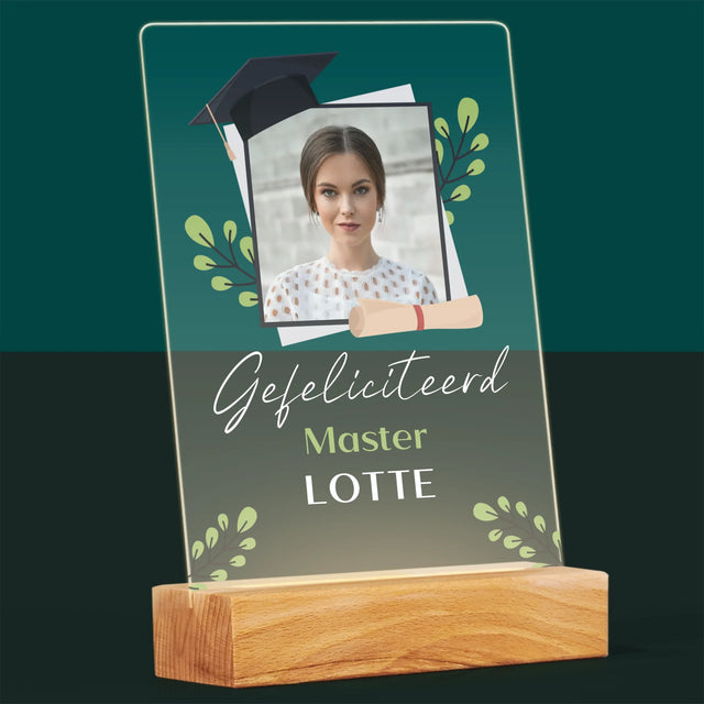 Foto En Handtekening: Gefeliciteerd, Master - Afdruk Op Acrylglas (Verticaal)