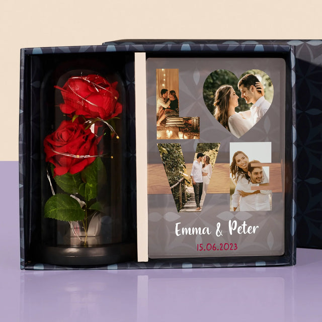 Woord Van Foto'S: Love Met Jouw Foto'S - Cadeauset Met Afruk Op Glas En Eeuwige Roos